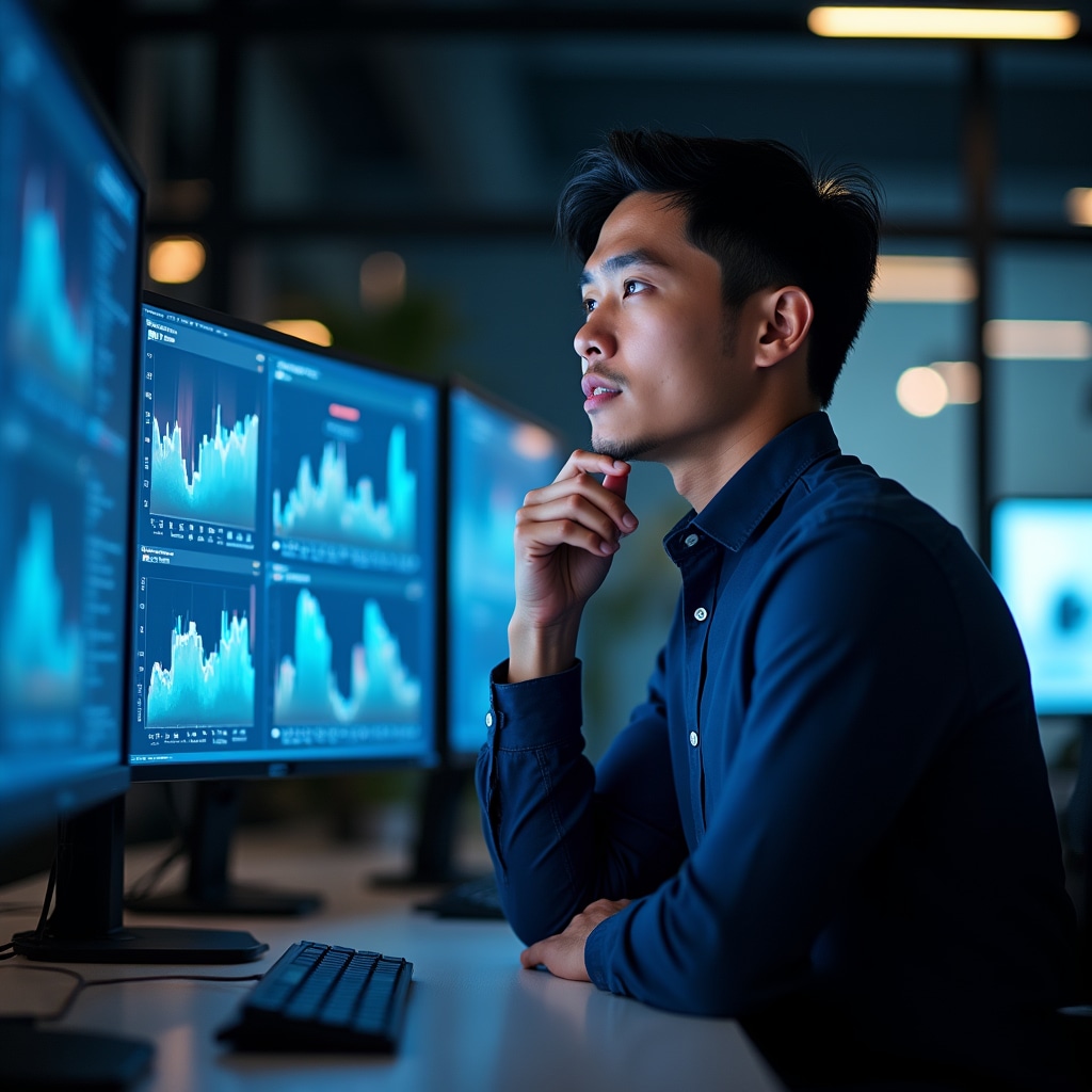 Market analyst at FiscaLynx, young professional analyzing data on screen